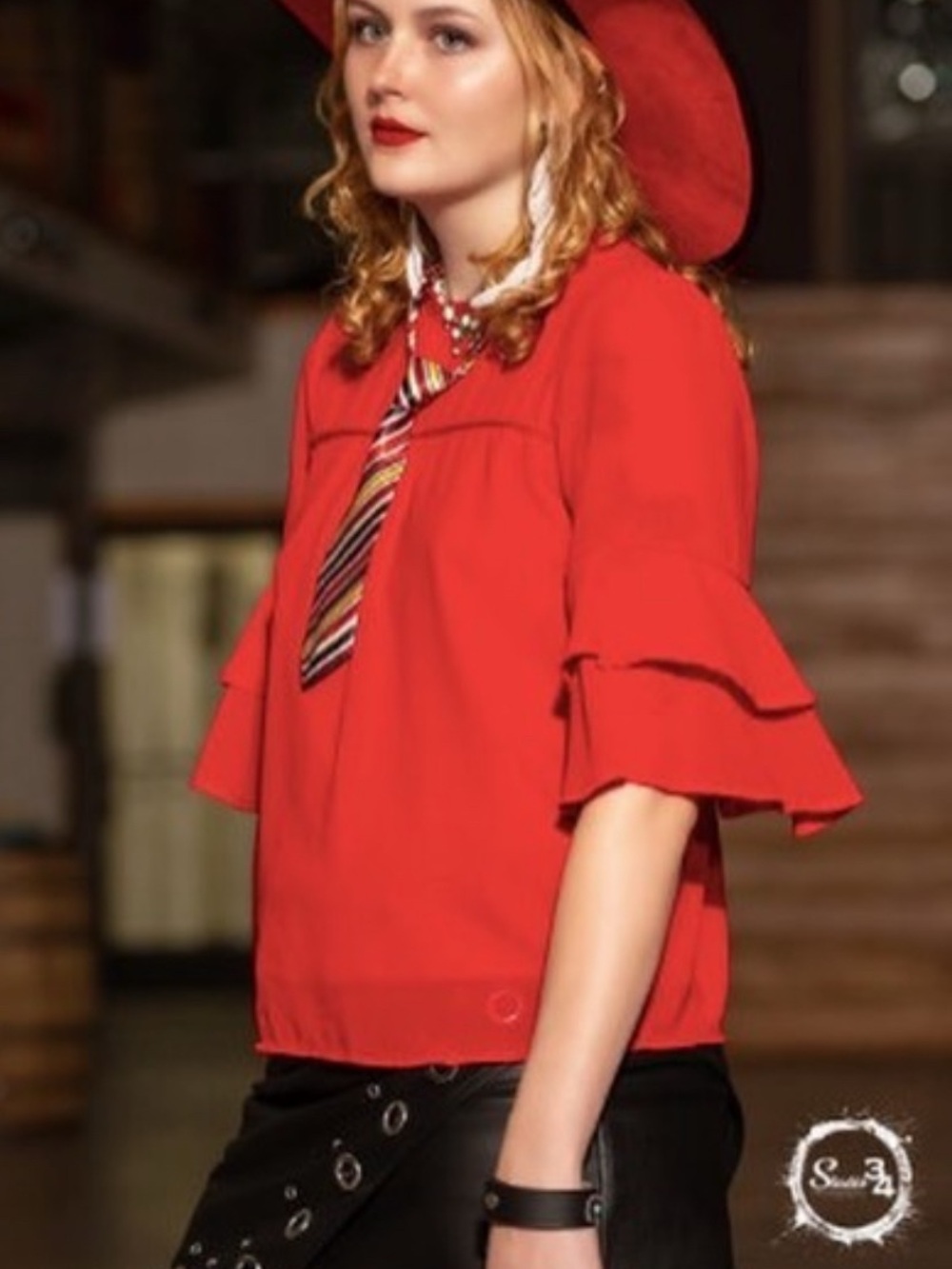 Red Ruffle Sleeve Blouse with Vintage tie